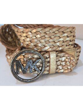 Michael Kors Gold Braided Leather Belt Sz S Logo MK Circle Buckle Woven Metallic